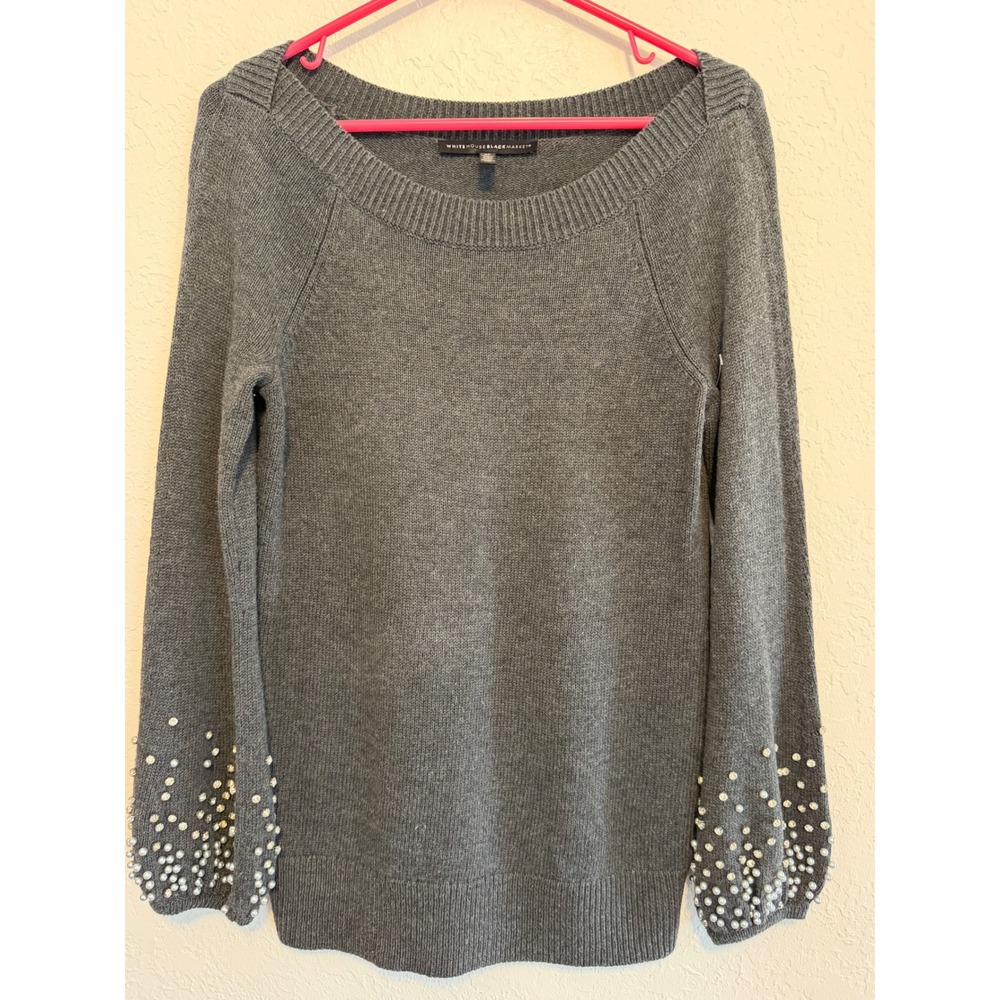 White House Black Market Gray Pearl Rhinestone Cuff Sweater SP 570247872